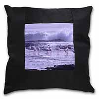 Pink Flamingo on Sea Shore Black Satin Feel Scatter Cushion