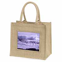 Pink Flamingo on Sea Shore Natural/Beige Jute Large Shopping Bag