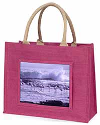 Pink Flamingo on Sea Shore Large Pink Jute Shopping Bag