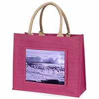 Pink Flamingo on Sea Shore Large Pink Jute Shopping Bag