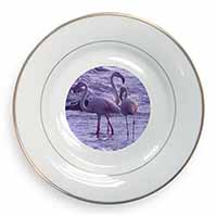 Pink Flamingo on Sea Shore Gold Rim Plate Printed Full Colour in Gift Box