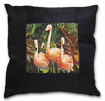 Pink Flamingo Print Black Satin Feel Scatter Cushion