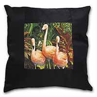 Pink Flamingo Print Black Satin Feel Scatter Cushion