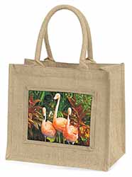 Pink Flamingo Print Natural/Beige Jute Large Shopping Bag