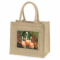 Pink Flamingo Print Natural/Beige Jute Large Shopping Bag