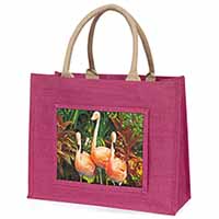 Pink Flamingo Print Large Pink Jute Shopping Bag