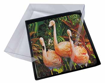 4x Pink Flamingo Print Picture Table Coasters Set in Gift Box