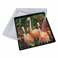4x Pink Flamingo Print Picture Table Coasters Set in Gift Box