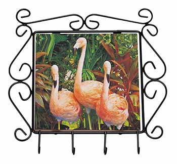 Pink Flamingo Print Wrought Iron Key Holder Hooks