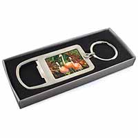 Pink Flamingo Print Chrome Metal Bottle Opener Keyring in Box