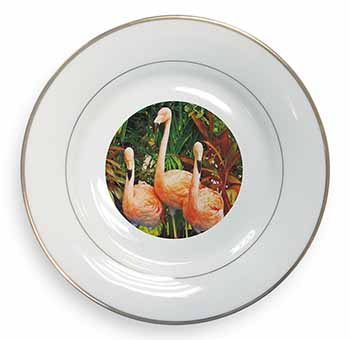 Pink Flamingo Print Gold Rim Plate Printed Full Colour in Gift Box