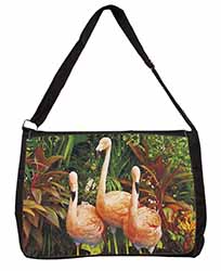 Pink Flamingo Print Large Black Laptop Shoulder Bag School/College