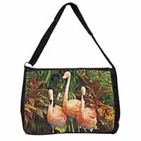 Pink Flamingo Print Large Black Laptop Shoulder Bag School/College