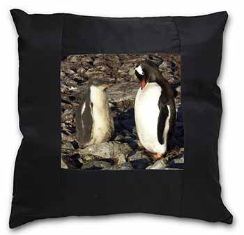 Penguins on Pebbles Black Satin Feel Scatter Cushion