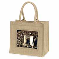 Penguins on Pebbles Natural/Beige Jute Large Shopping Bag