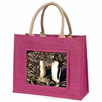 Penguins on Pebbles Large Pink Jute Shopping Bag