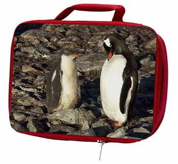 Penguins on Pebbles Insulated Red School Lunch Box/Picnic Bag