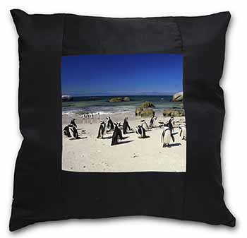 Beach Penguins Black Satin Feel Scatter Cushion