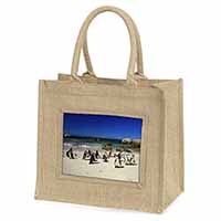 Beach Penguins Natural/Beige Jute Large Shopping Bag