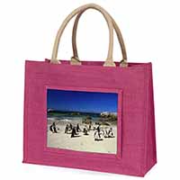 Beach Penguins Large Pink Jute Shopping Bag