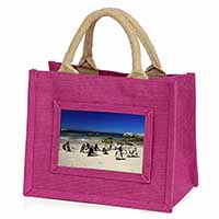 Beach Penguins Little Girls Small Pink Jute Shopping Bag