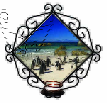 Beach Penguins Wrought Iron Wall Art Candle Holder