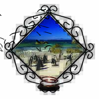 Beach Penguins Wrought Iron Wall Art Candle Holder