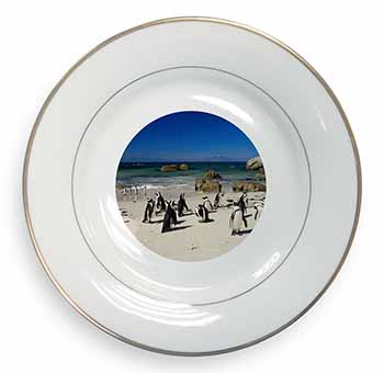 Beach Penguins Gold Rim Plate Printed Full Colour in Gift Box