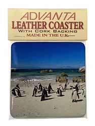 Beach Penguins Single Leather Photo Coaster