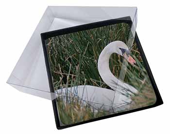 4x Swan in Grass Land Picture Table Coasters Set in Gift Box