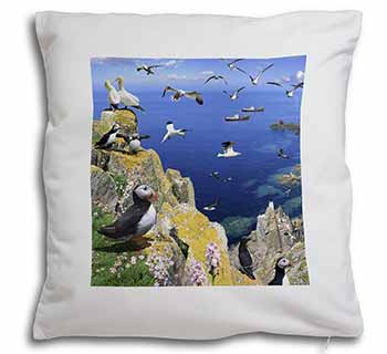 Puffins and Sea Bird Montage Soft White Velvet Feel Scatter Cushion