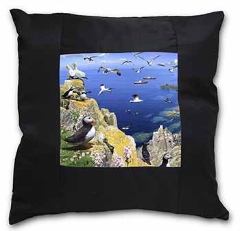 Puffins and Sea Bird Montage Black Satin Feel Scatter Cushion