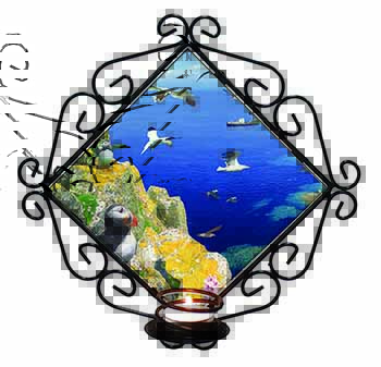 Puffins and Sea Bird Montage Wrought Iron Wall Art Candle Holder