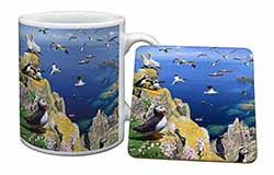 Puffins and Sea Bird Montage Mug and Coaster Set