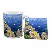 Puffins and Sea Bird Montage Mug and Coaster Set