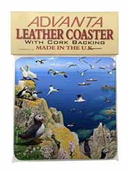 Puffins and Sea Bird Montage Single Leather Photo Coaster