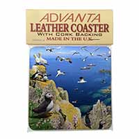 Puffins and Sea Bird Montage Single Leather Photo Coaster