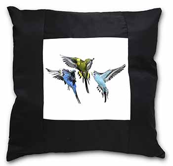 Budgerigars, Budgies in Flight Black Satin Feel Scatter Cushion