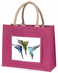 Budgerigars, Budgies in Flight Large Pink Jute Shopping Bag