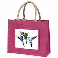 Budgerigars, Budgies in Flight Large Pink Jute Shopping Bag