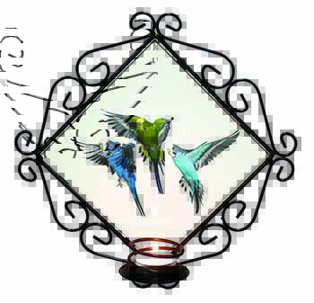 Budgerigars, Budgies in Flight Wrought Iron Wall Art Candle Holder