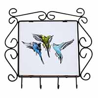 Budgerigars, Budgies in Flight Wrought Iron Key Holder Hooks