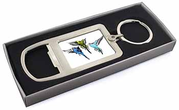 Budgerigars, Budgies in Flight Chrome Metal Bottle Opener Keyring in Box