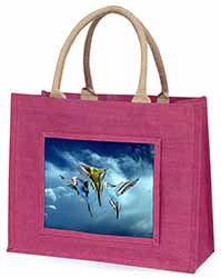 Budgies in Flight Large Pink Jute Shopping Bag
