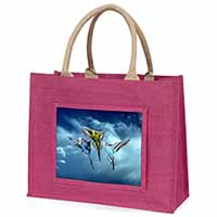 Budgies in Flight Large Pink Jute Shopping Bag