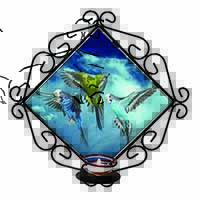 Budgies in Flight Wrought Iron Wall Art Candle Holder