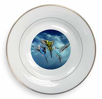 Budgies in Flight Gold Rim Plate Printed Full Colour in Gift Box
