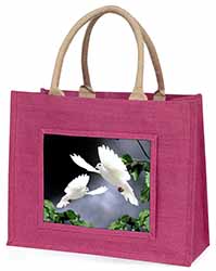 Beautiful White Doves Large Pink Jute Shopping Bag