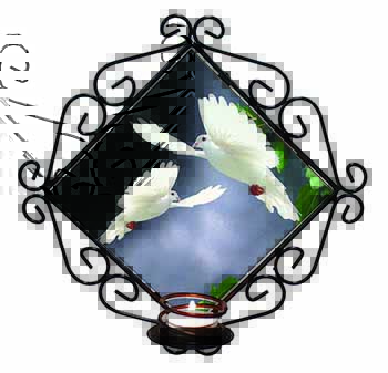 Beautiful White Doves Wrought Iron Wall Art Candle Holder