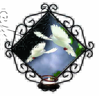 Beautiful White Doves Wrought Iron Wall Art Candle Holder
